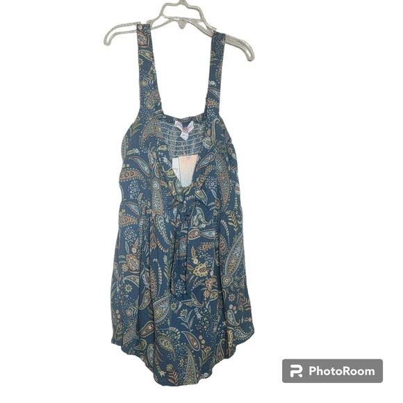 Honey & Sparkle Tank Top, Junior M, Blue & Yellow/Green Paisley, Front Tie, NWT - Picture 3 of 12